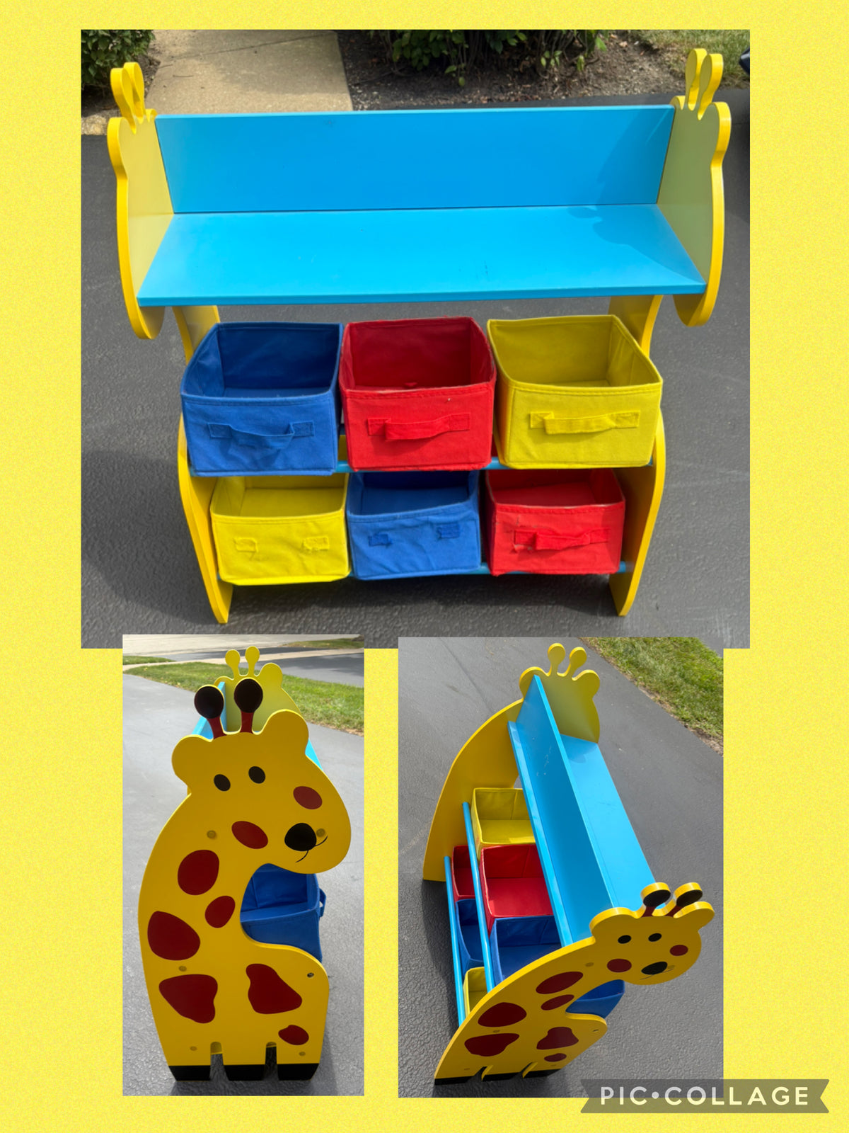 Giraffe storage/book shelf- bins not in great