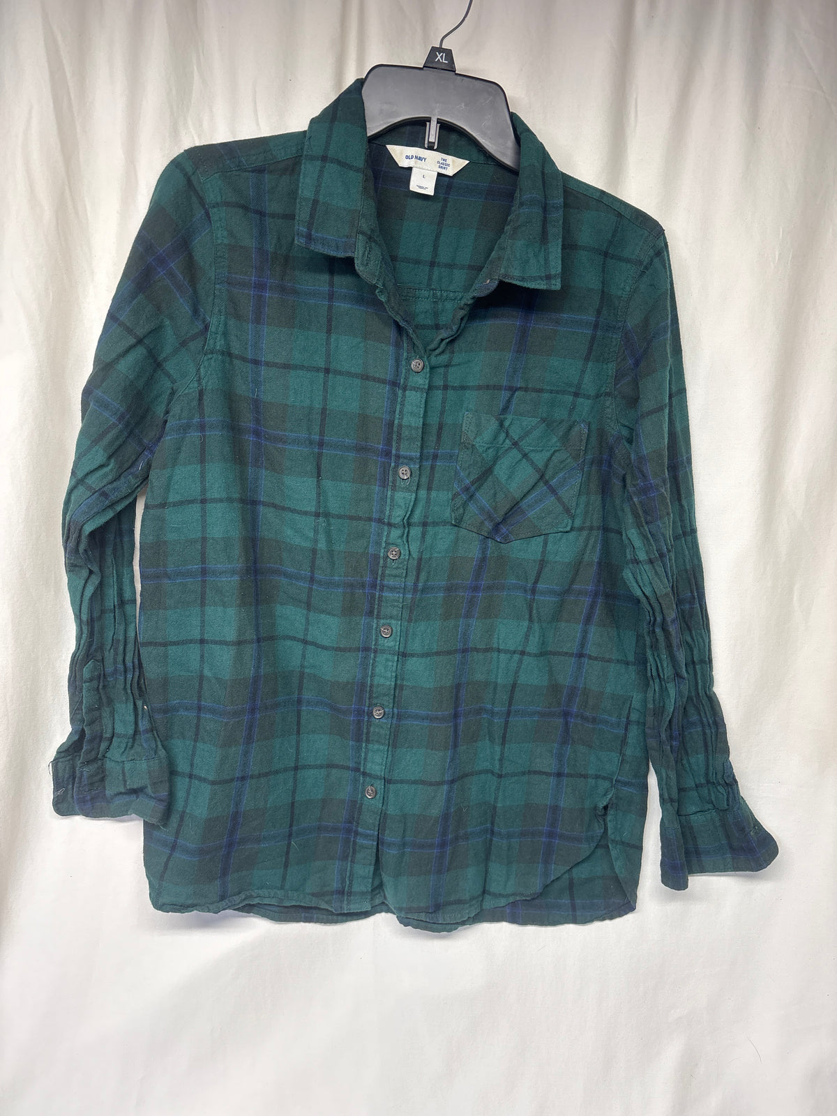 Old Navy forest green plaid button down w/ - size Teen/Men - L (36-38)