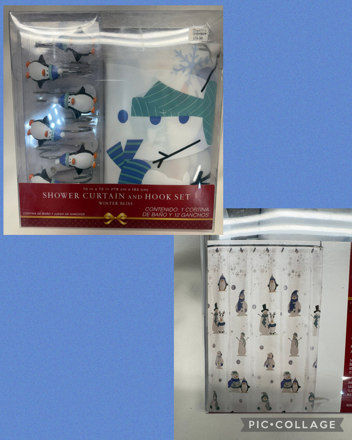 Holiday penguin/snowman Shower curtain/ ring set