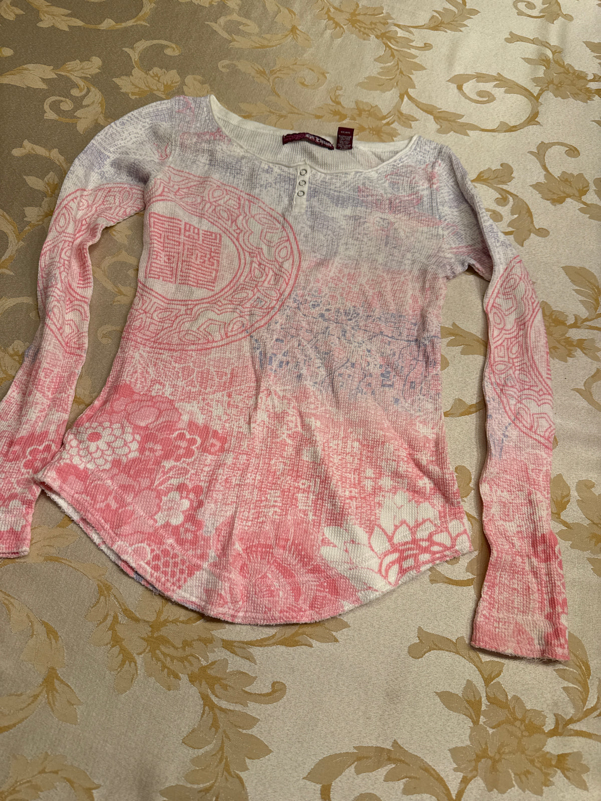 Pink pattern waffle l/s Top GUC w/purple white - size Youth - 10 (L)