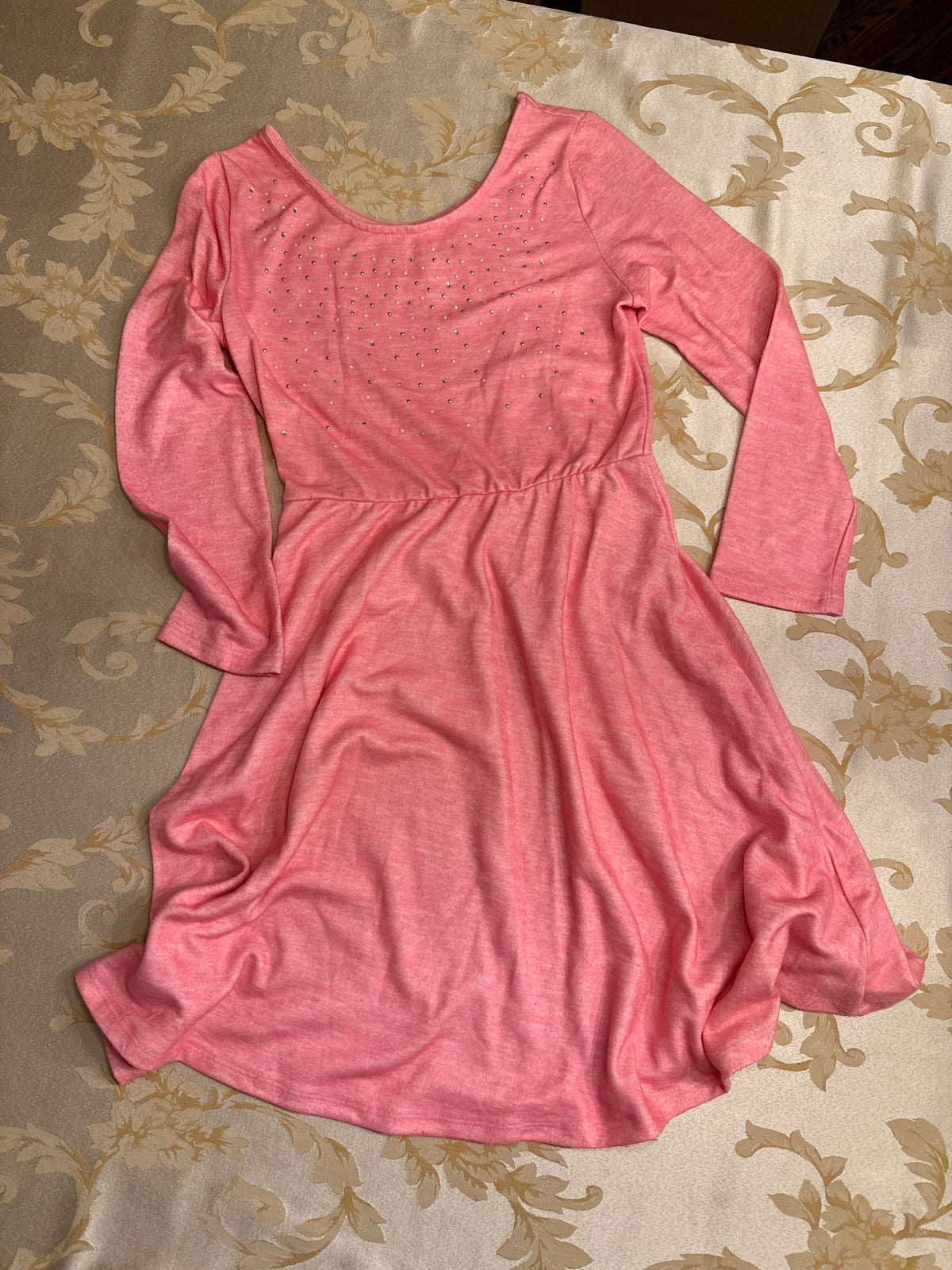 Pink l/s dress VGUC Silver bling - size Youth - 10 (L)