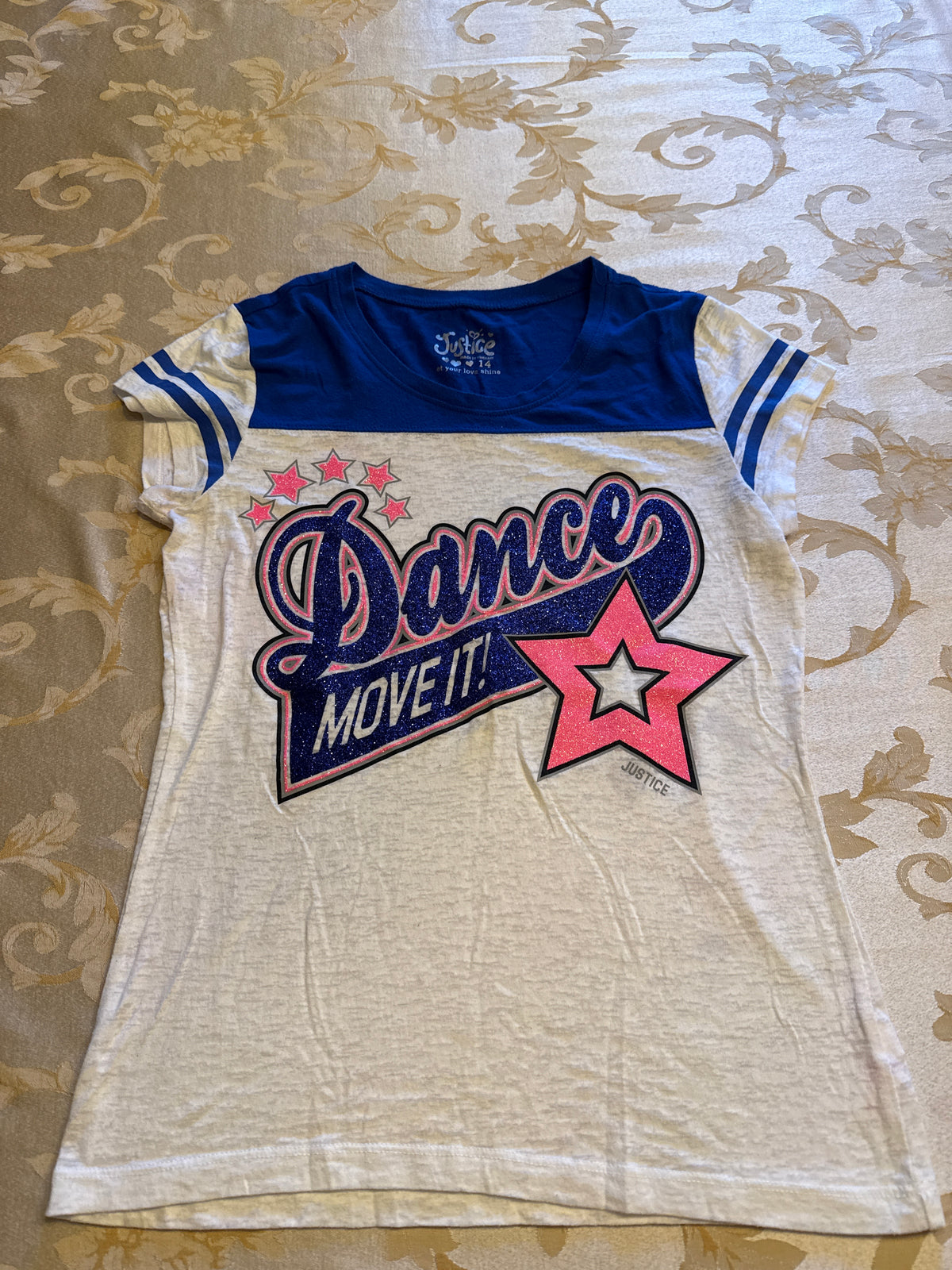 Justice Dance tee VGUC white blue pink - size Youth - 14 (XL)