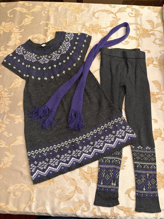 3pc grey sweater set Tunic pants scarf EUC - size Youth - 10 (L)