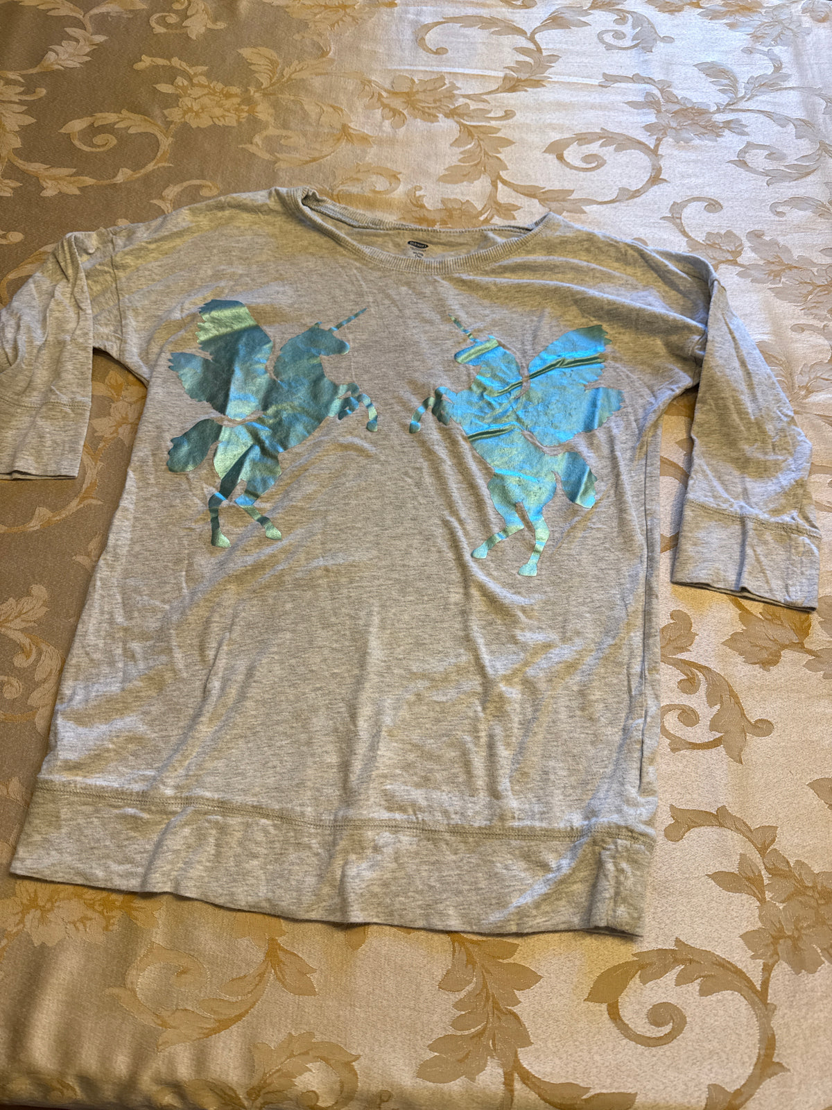Grey 3/4 sleeve top VGUC shiny pegasus - size Youth - 14 (XL)