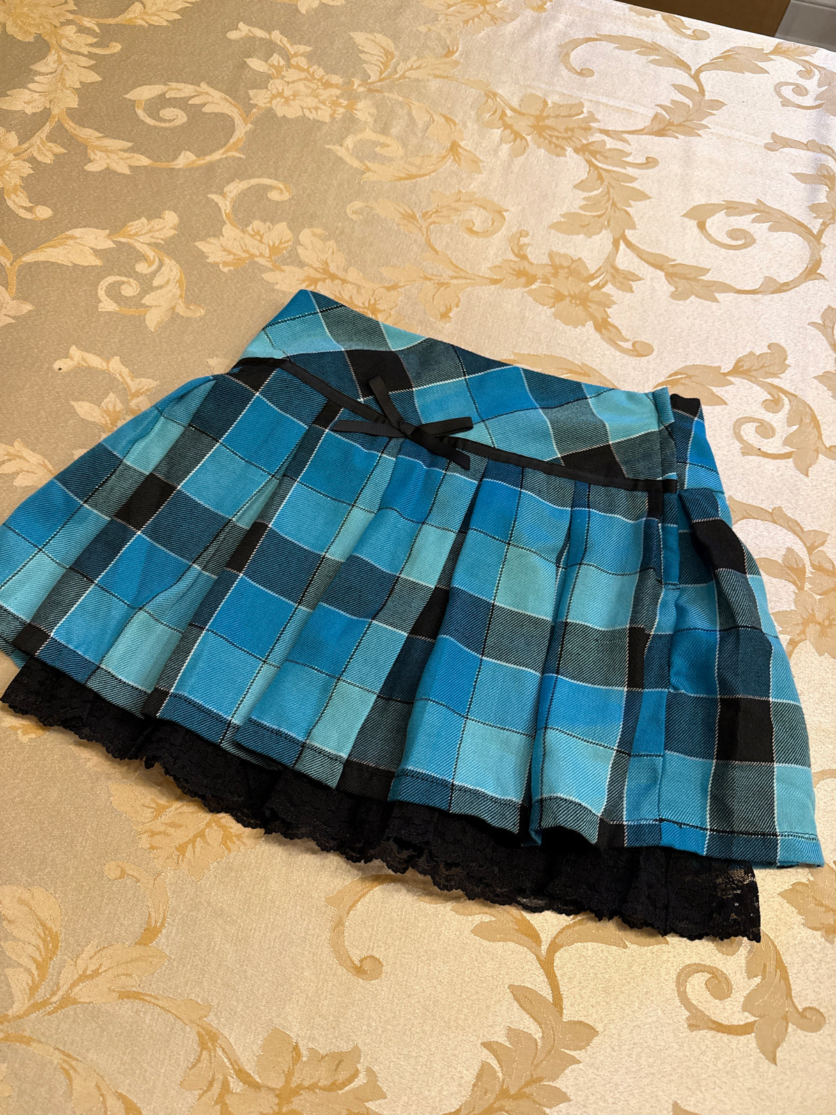 Blue check miniskirt Black lace layer VGUC - size Youth - 8 (M)