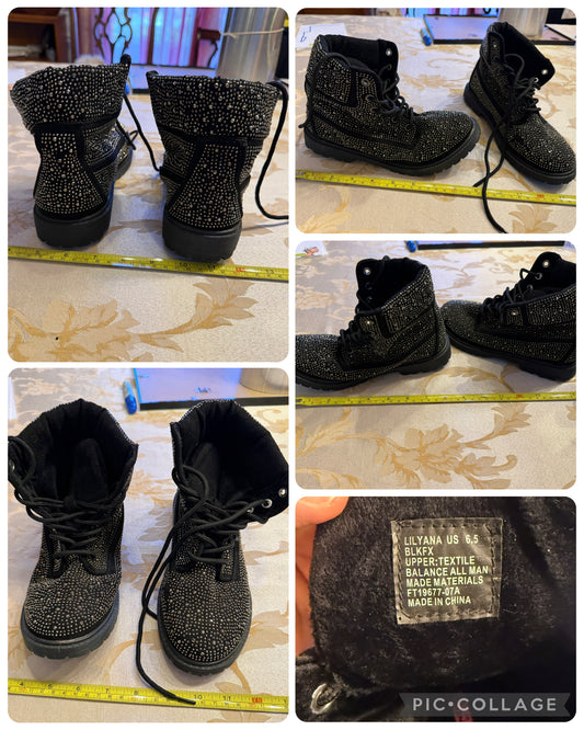 Black gold bling boots VGUC laceup - size Shoes - Adult 6 1/2