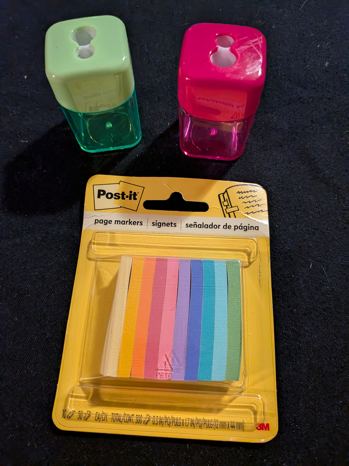 Pencil sharpener and Post it flags