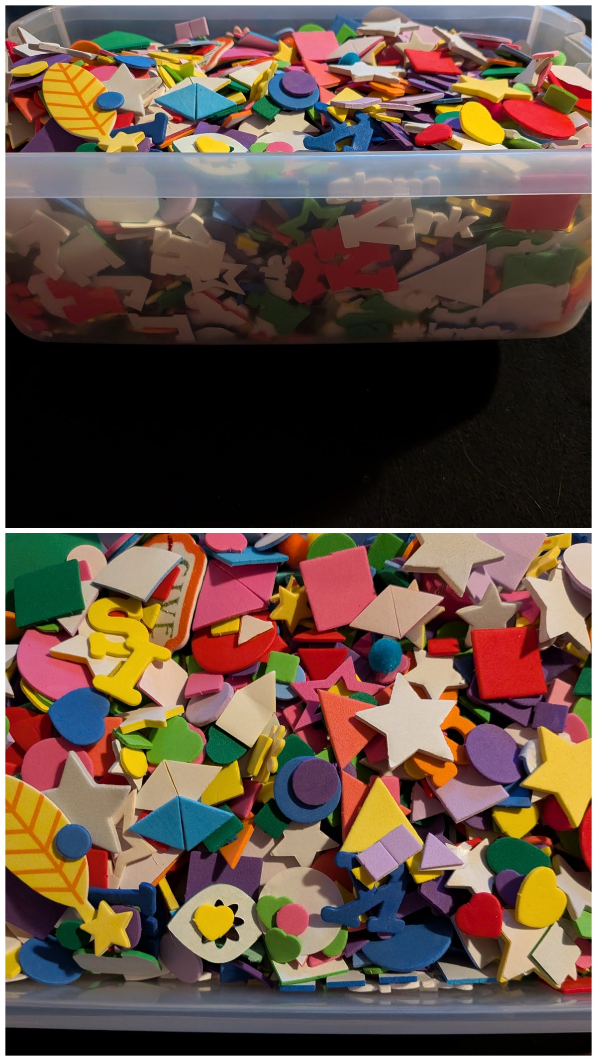 Shoe box bin full of adhesive foam shapes