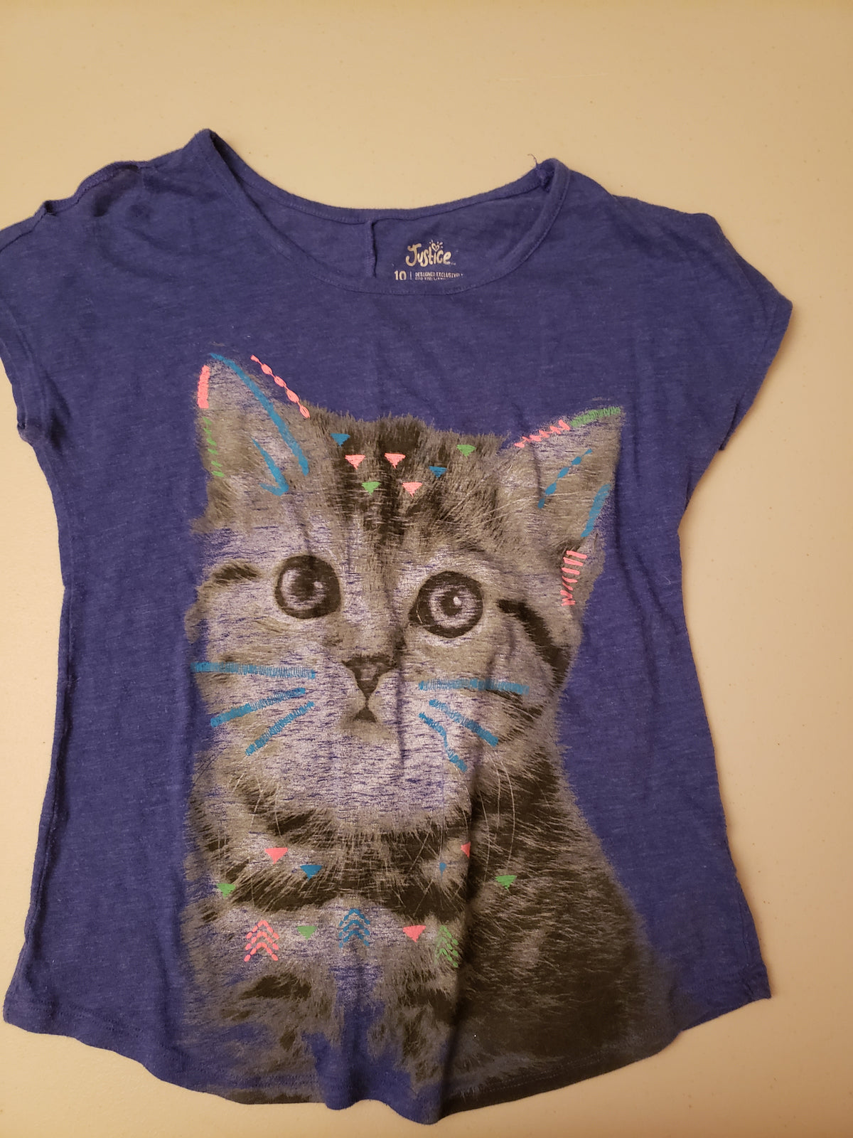 Justice blue SS cat face tee - size Youth - 10 (L)