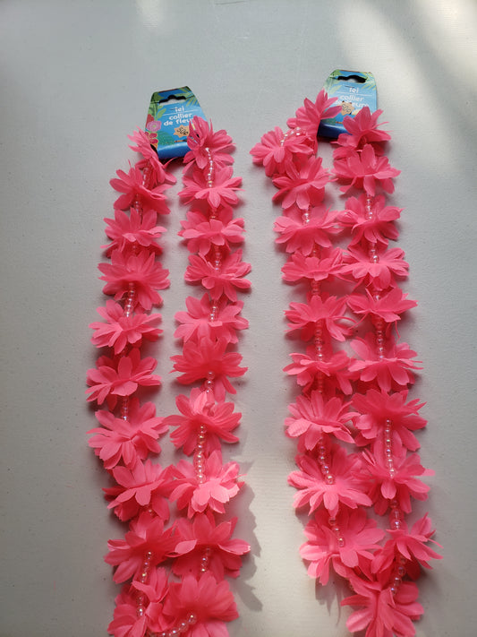 2 pink flower leis