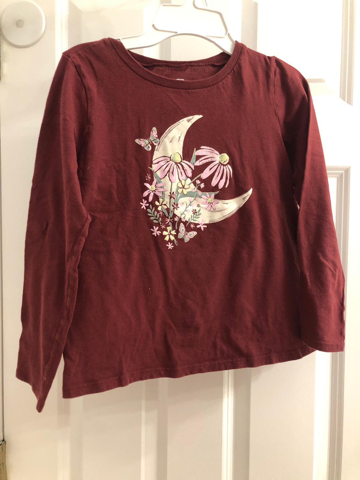 Burg long. Sleeve tee Cotton. Moon flowers - size Youth - 8 (M)
