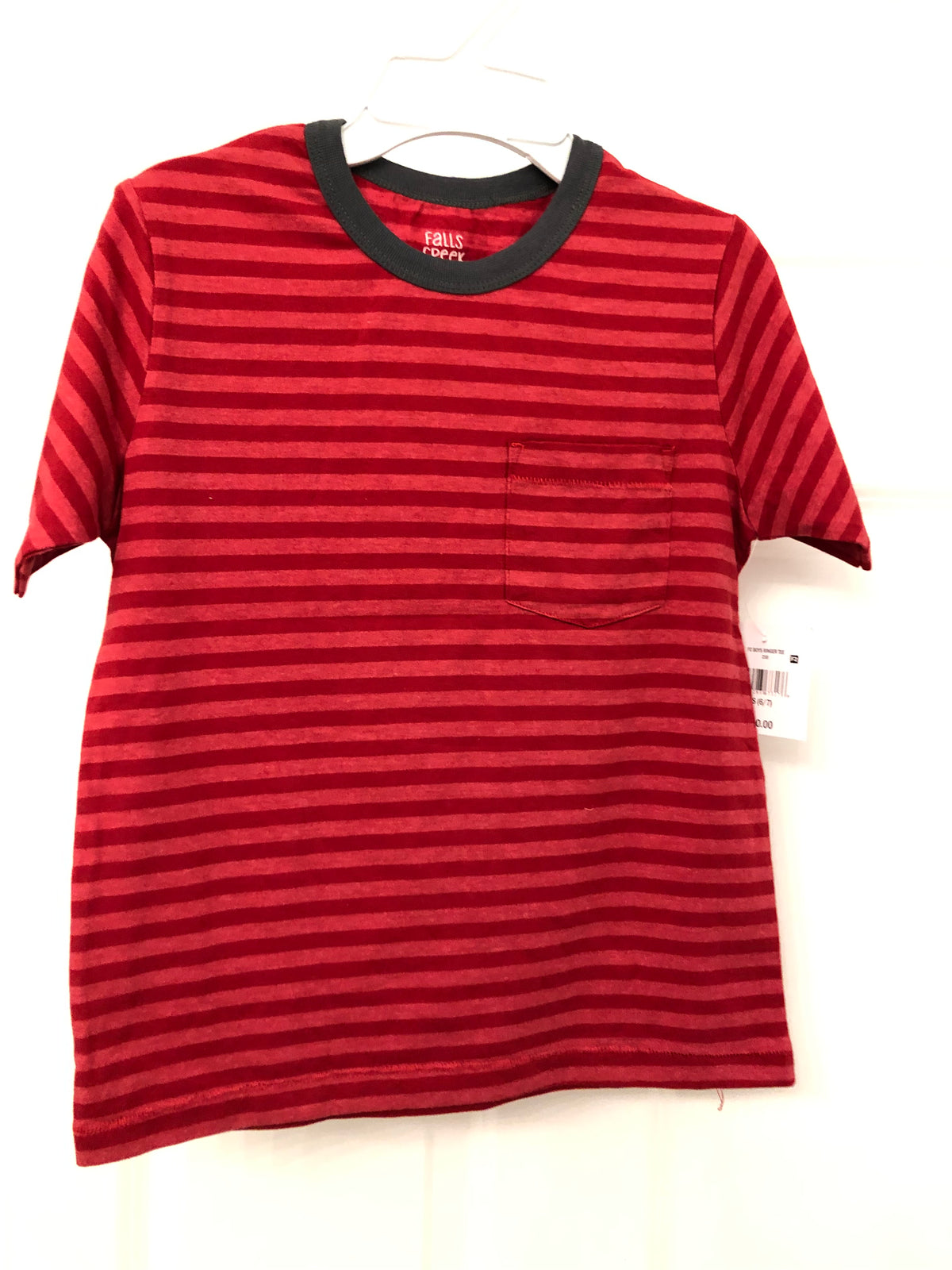 New red t-shirt Striped. 100% cotton - size Youth - 6 (S)