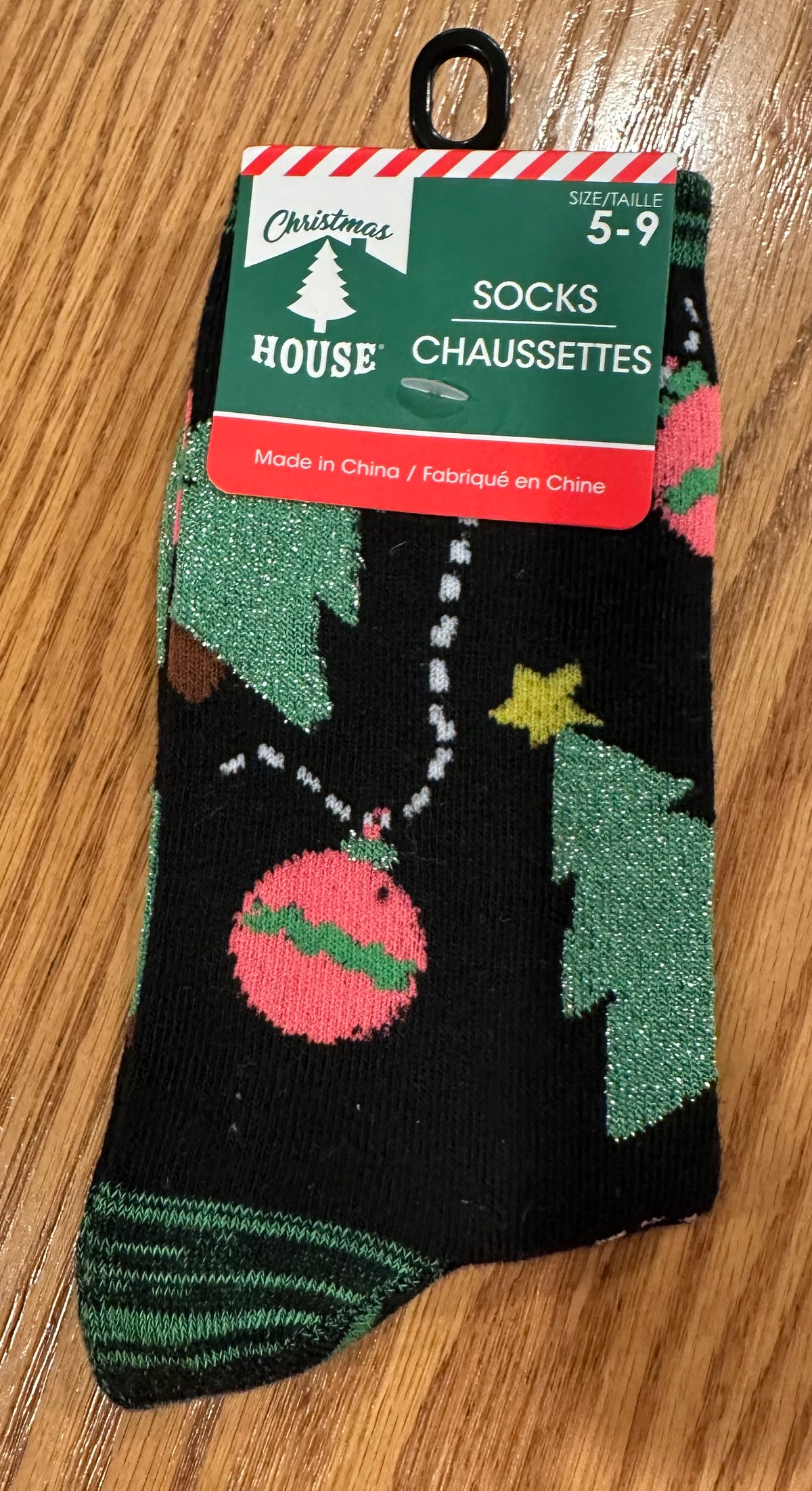 New Christmas sock Black w/ trees - size Youth - 8 (M)