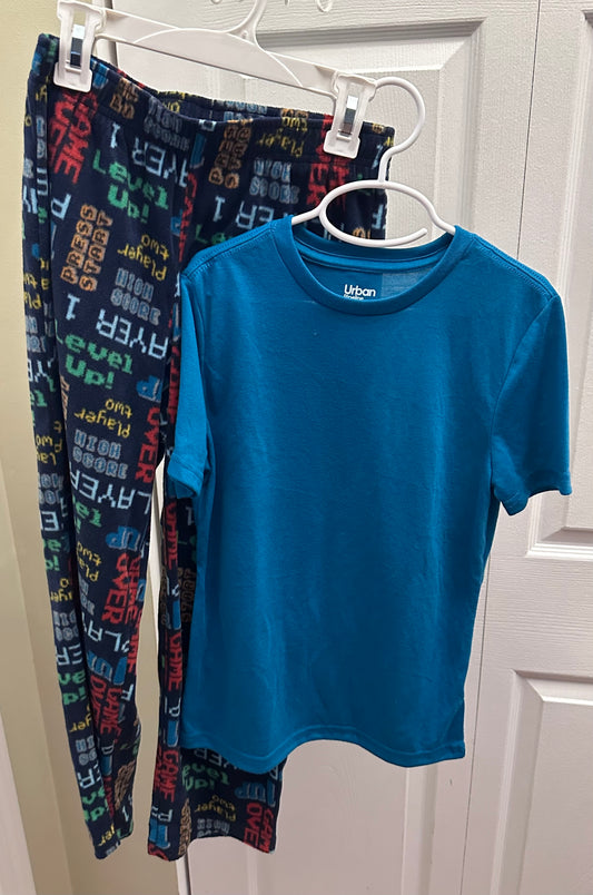 New Gamer pj set Teal top  fleece pants - size Youth - 8 (M)