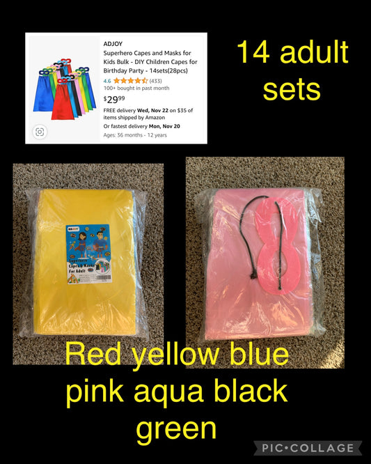 Superhero dress up kits Cape and mask (14) New - size Youth - 20 (XXL)