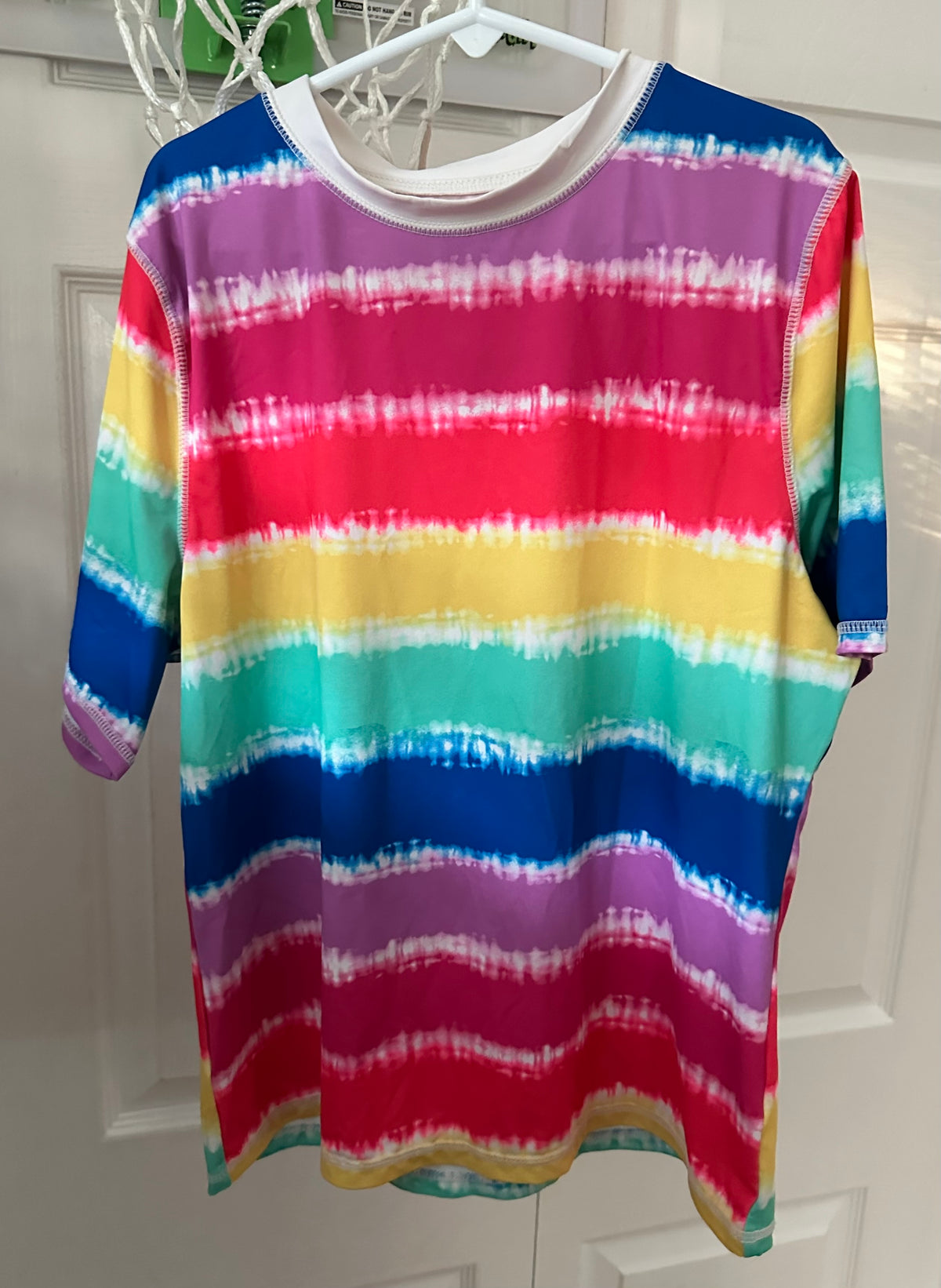 14/16 rainbow stripe EUC Rash guard swim top - size Youth - 14 (XL)