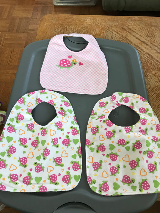 3 Bibs, turtle Plaid waterproof backing