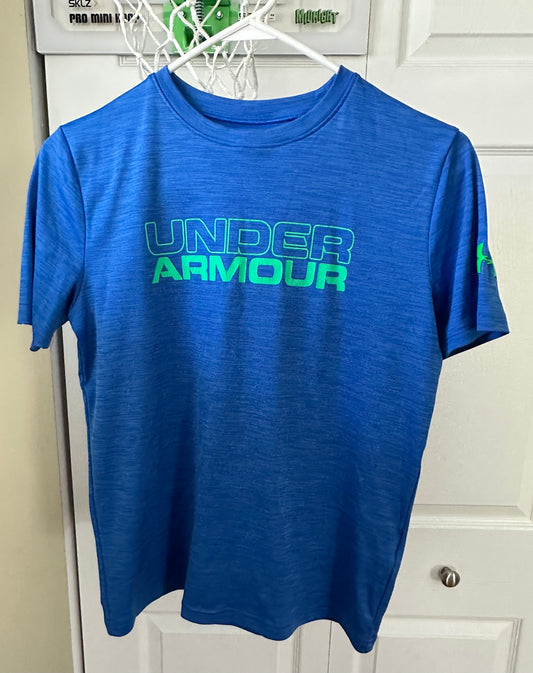 Blue Under Amour tee Green letters, VGUC - size Youth - 10 (L)