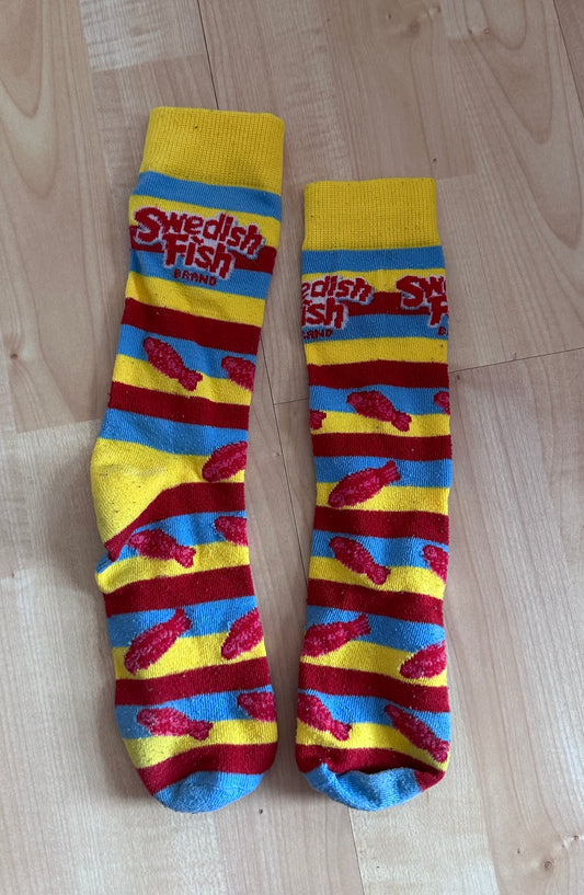 Crazy Sock Day Swedish Fish worn once - size Youth - 10 (L)