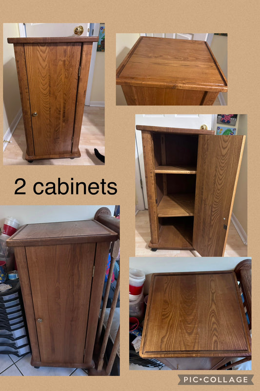 2 sturdy oak cabinets on wheels w/ two shelves