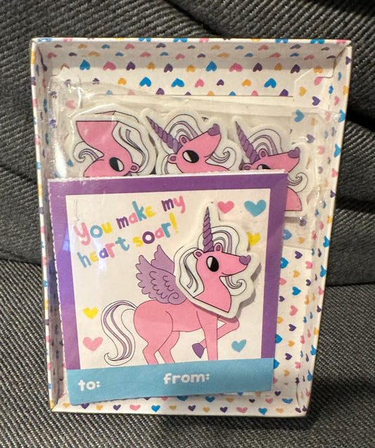 New unicorn greeting Valentine Cards w/eraser