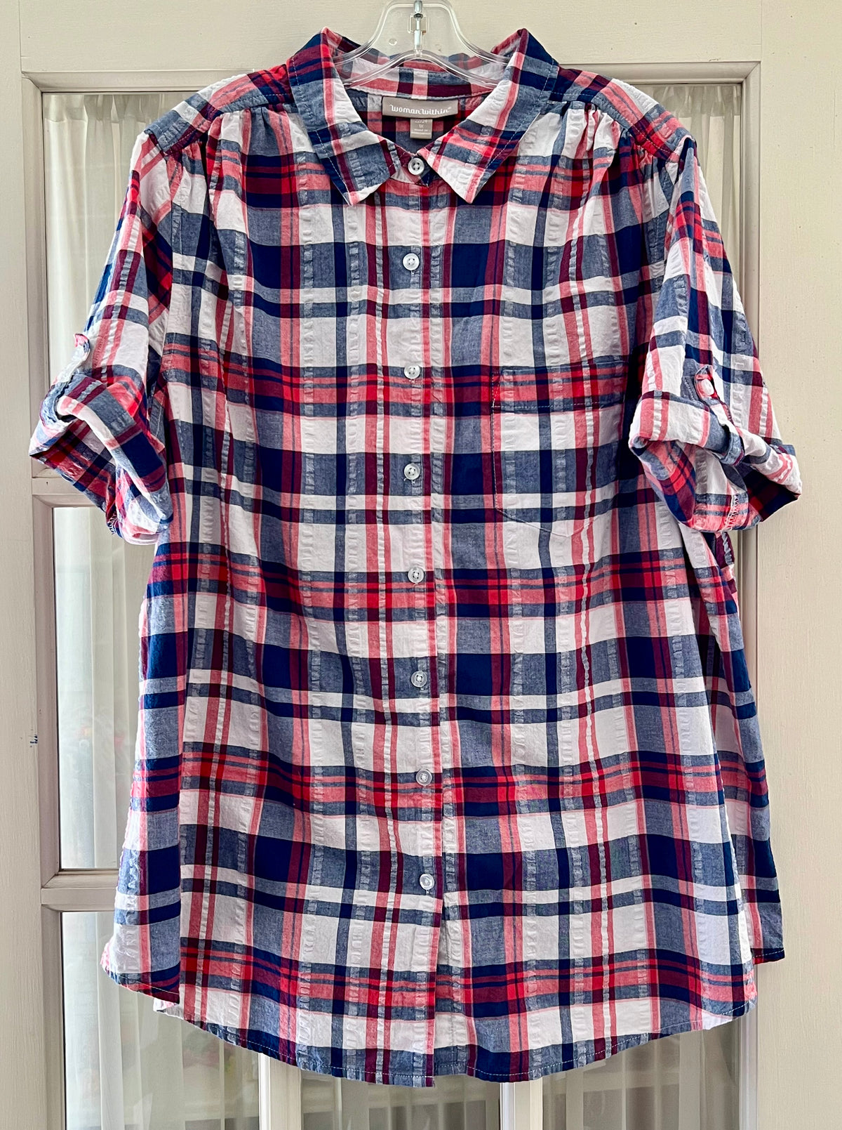 Plaid SS button down top -blue/red/white; tab slv - size Women - 1X (16/18W)