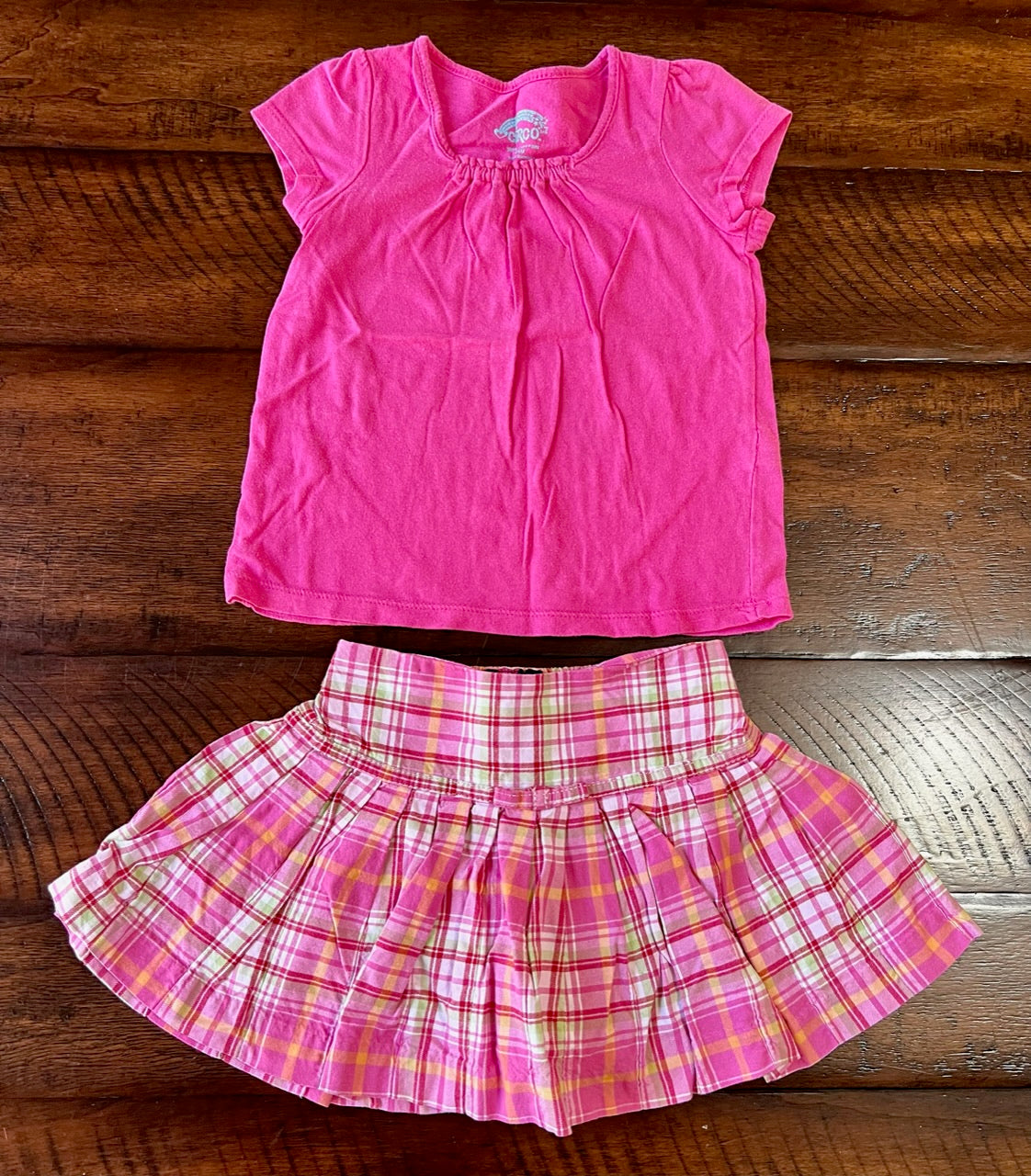2pc Gap pink plaid skirt pink top/runched neck - size Month - 18-24 / 24M