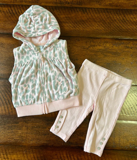 2pc pink/leopard outfit hoodie vest, pants - size Month - 0-3 / 3M