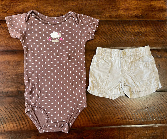 2pc Carter's brown LAMB BABY GIRL top; tan short - size Month - 18-24 / 24M