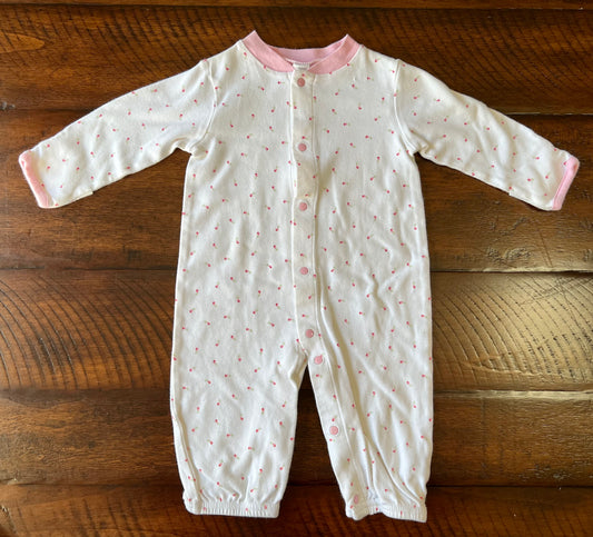 Carter's white romper- pink snaps, tiny flowers - size Month - 3-6 / 6M
