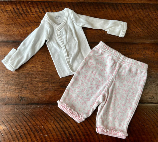 2pc Carter's white top -Carter's pink pant - size Month - Preemie