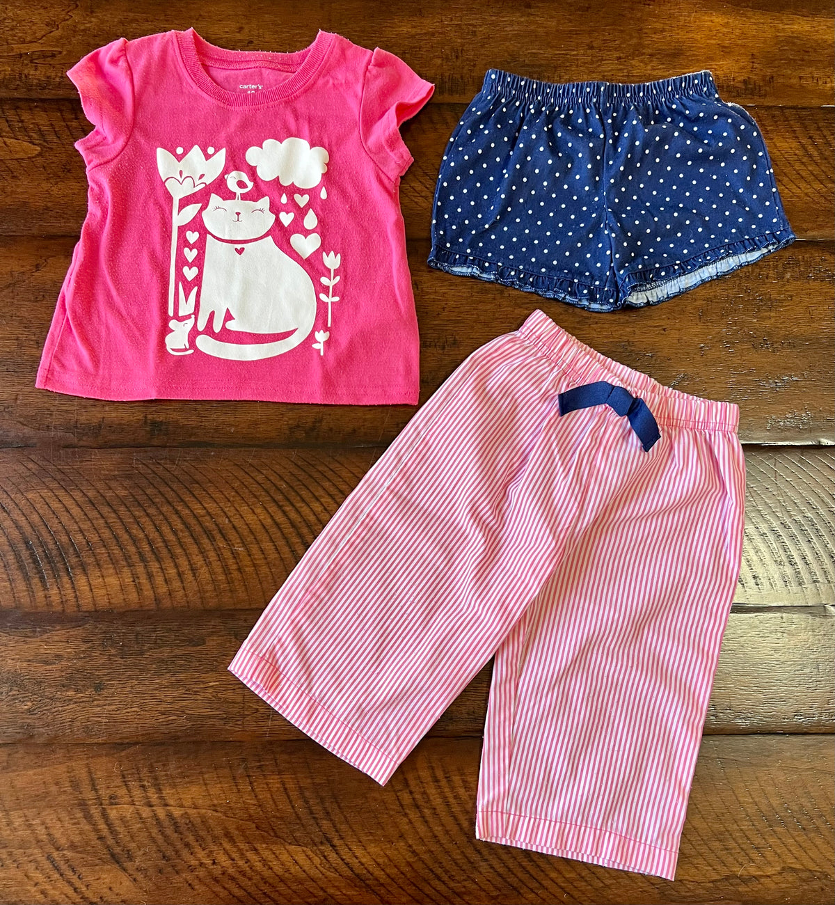 3pc Carters pink CAT PJs striped pants, blue dots - size Month - 9-12 / 12M