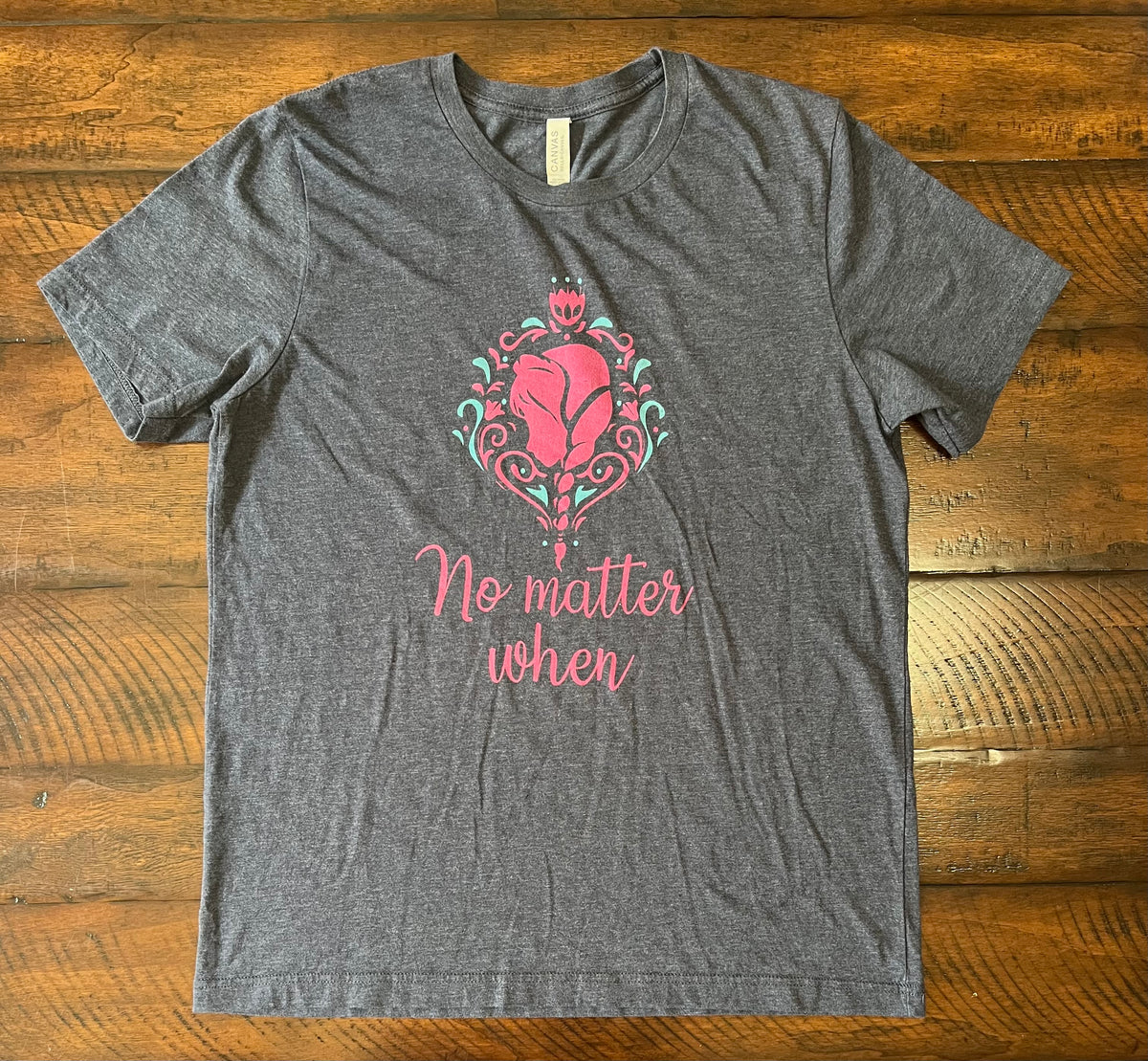 Gray/blue SS top -NO MATTER WHEN - size Women - L (12/14)