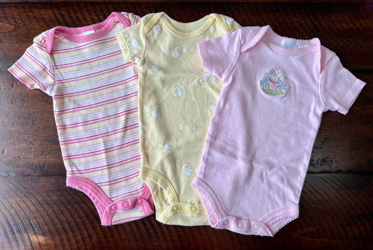 3 onesies: pink striped, yellow ducks, pink bunny - size Month - 0-3 / 3M