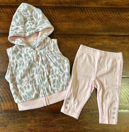 2pc pink/leopard outfit hoodie vest, pants - size Month - 0-3 / 3M