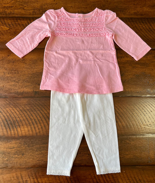 2pc NEW! Pink LS top white pant/lace hem - size Month - 3-6 / 6M
