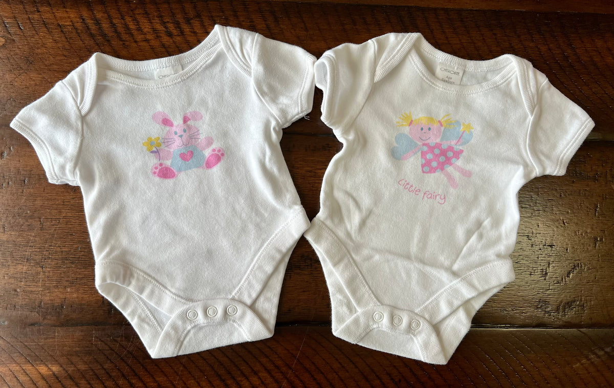 2 white onesies- RABBIT and LITTLE FAIRY - size Month - Newborn