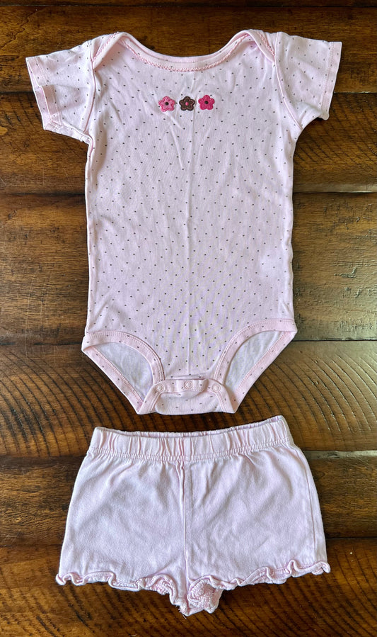2pc Carter's PINK onesie -pink ruffle hem shorts - size Month - 18-24 / 24M