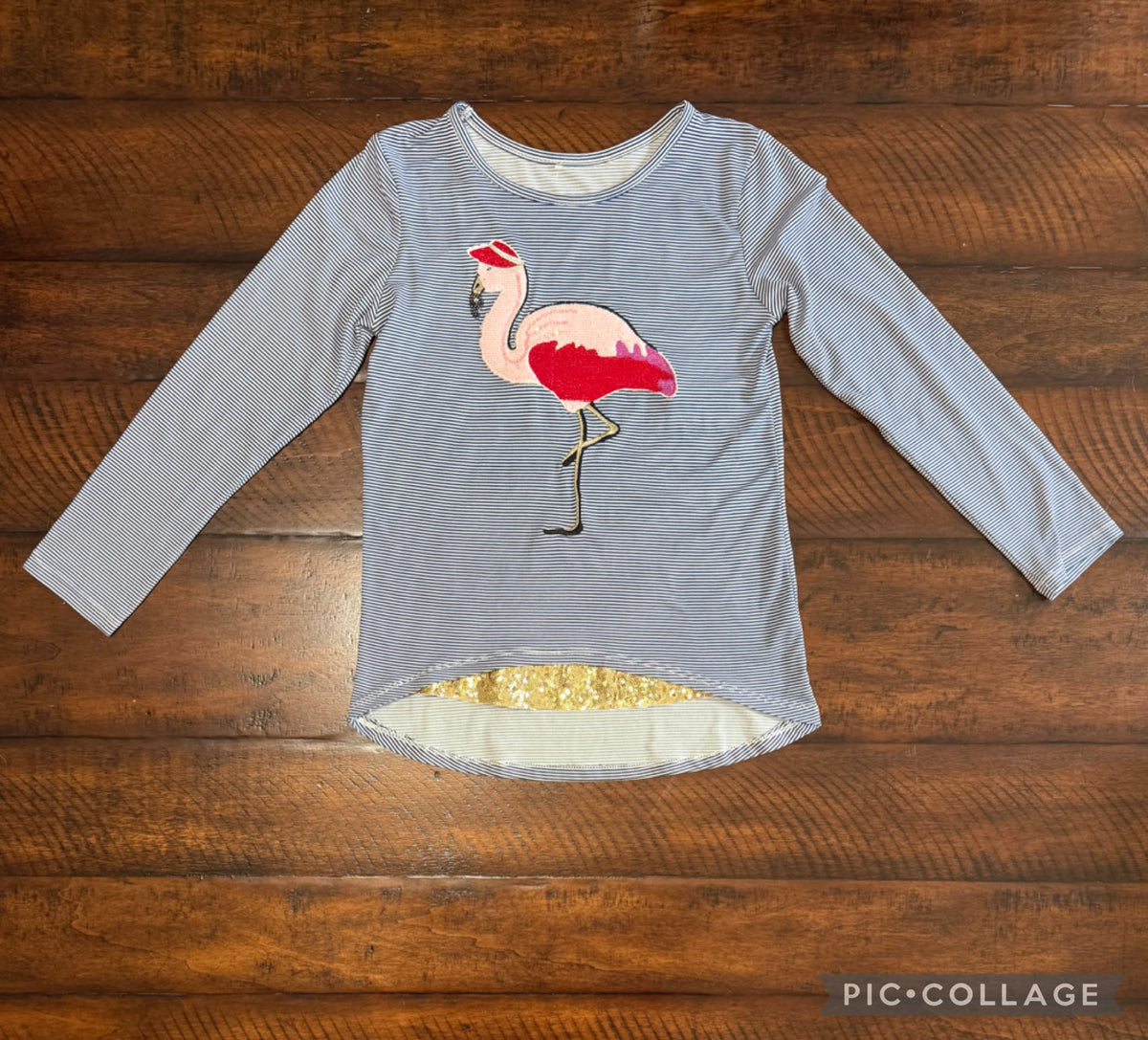 Blue/white stripe LS top -Flamingo, gold sequins - size Junior - M (7/9)