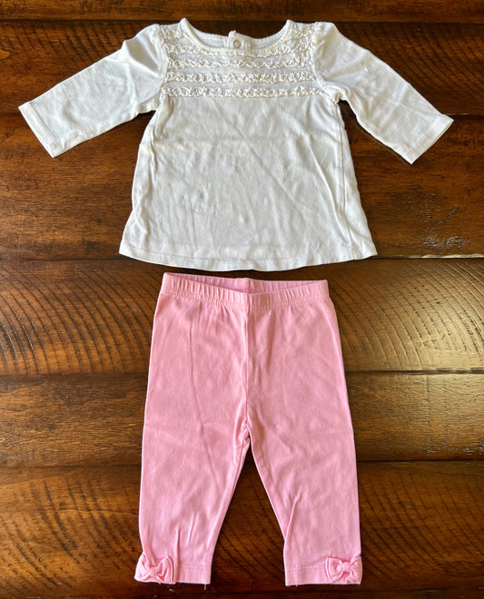 2pc NEW! white LS top pale pink pants/bow - size Month - 3-6 / 6M