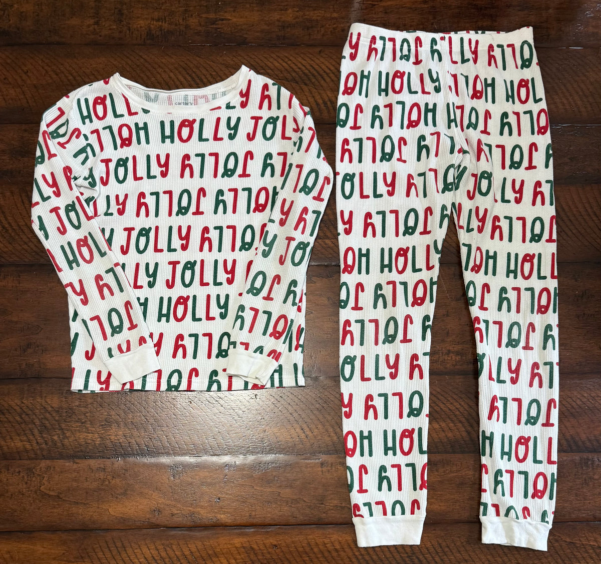 Carter's 2pc white PJs -Holly Jolly, red/green - size Youth - 12 (L)