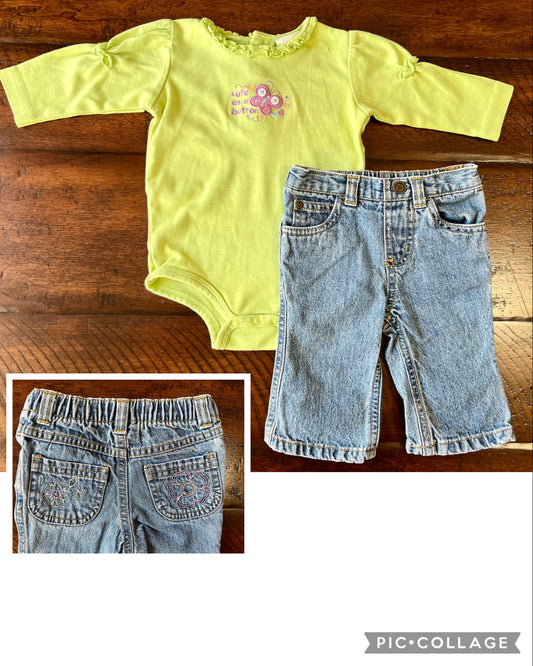 2pc Green butterfly top jeans w/flower pockets! - size Month - 3-6 / 6M