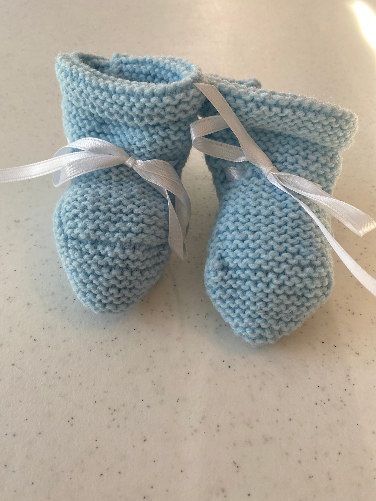 Boutique baby booties blue with white ribbon - size Month - 3-6 / 6M