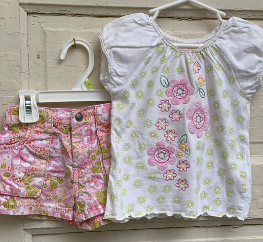 2pc white flower top pink flower shorts CUTE! - size Month - 18-24 / 24M