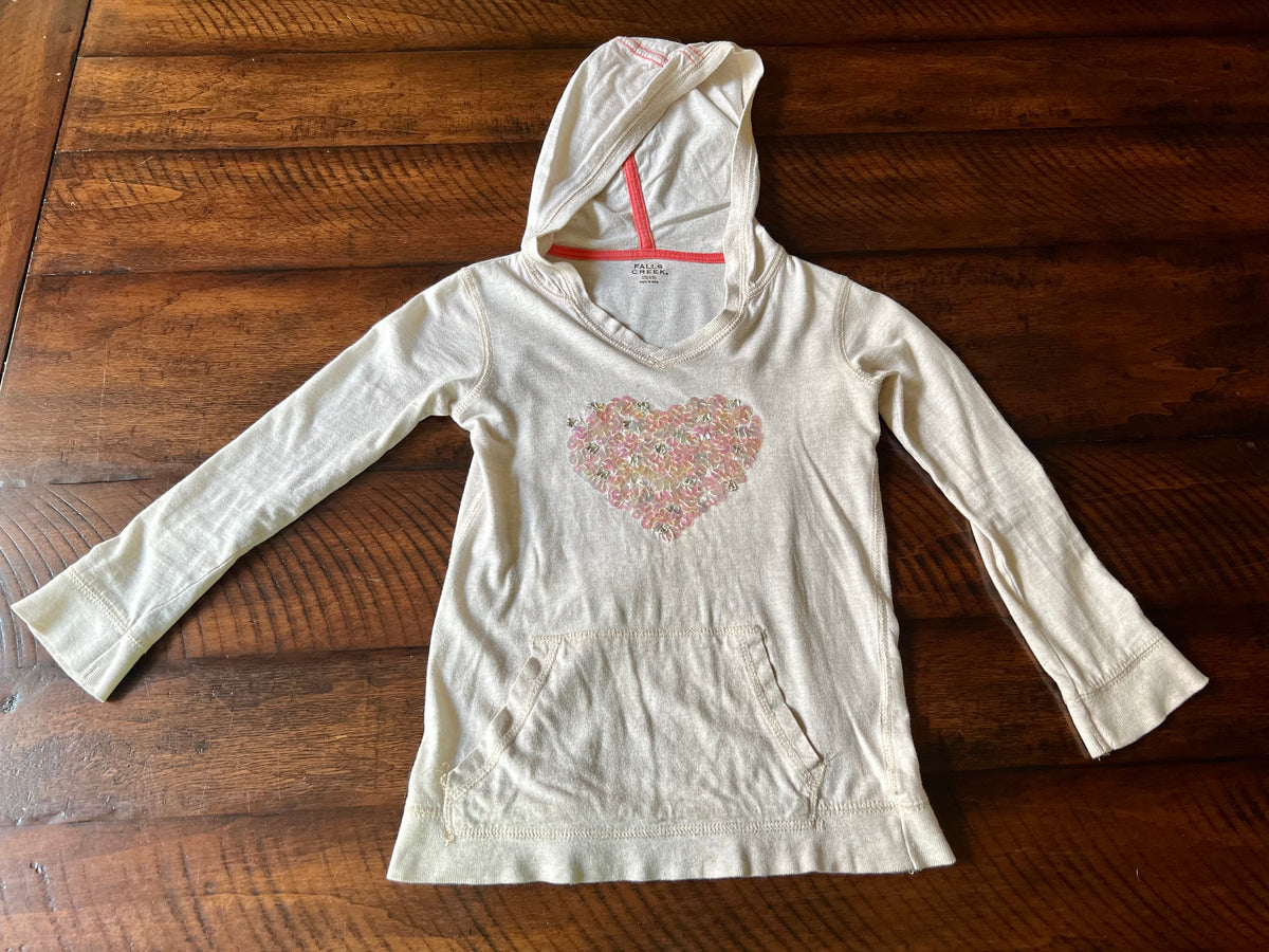 Cream hooded top - sequin heart - size Youth - 4 (XS)