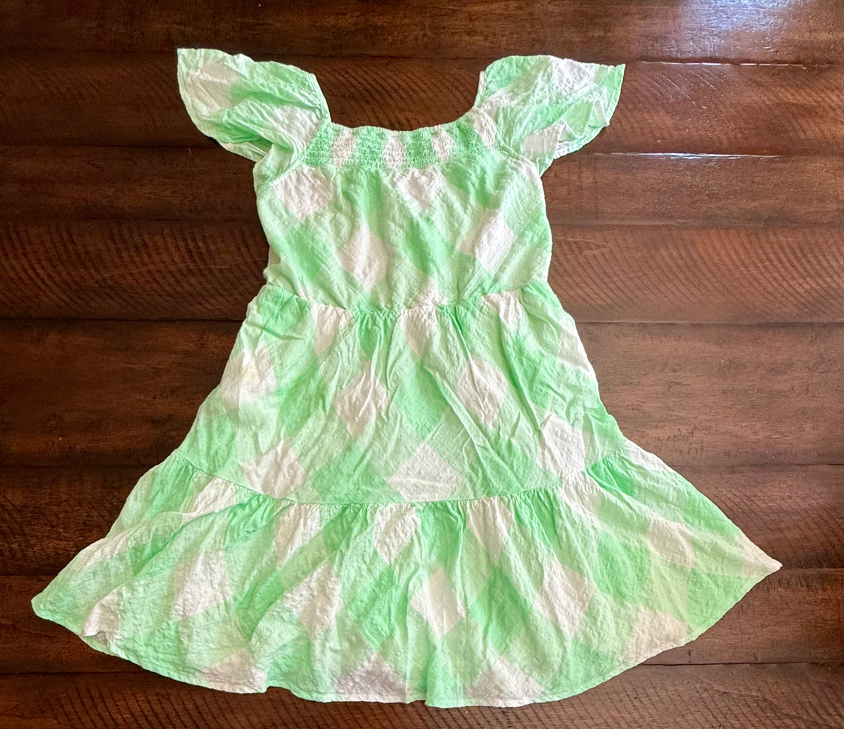 A-line checkered dress -flutter sleeve, green - size Youth - 10 (L)