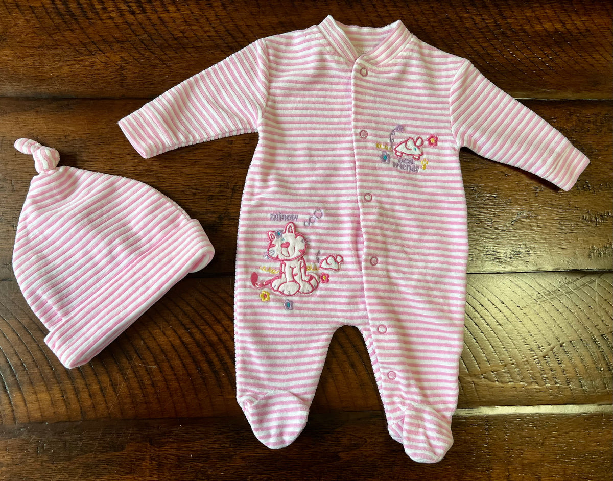 2pc pink striped layette BEST FRIENDS cat/mouse - size Month - 0-3 / 3M