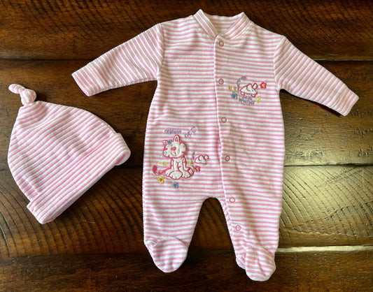 2pc pink striped layette BEST FRIENDS cat/mouse - size Month - 0-3 / 3M