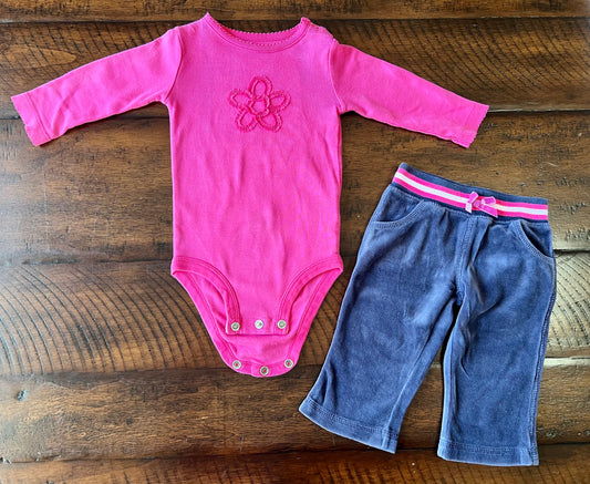 2pc Carter's pink daisy top; blue velour pant - size Month - 3-6 / 6M