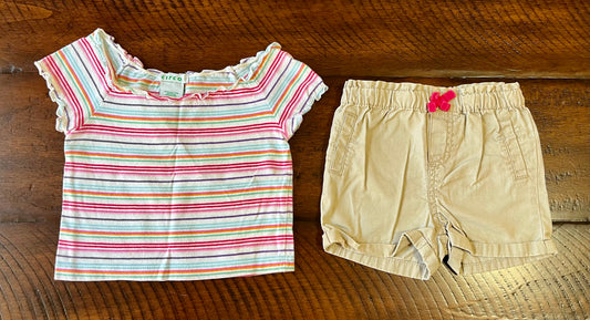 2pc tan shorts pink bow & colorful striped shirt - size Month - 9-12 / 12M